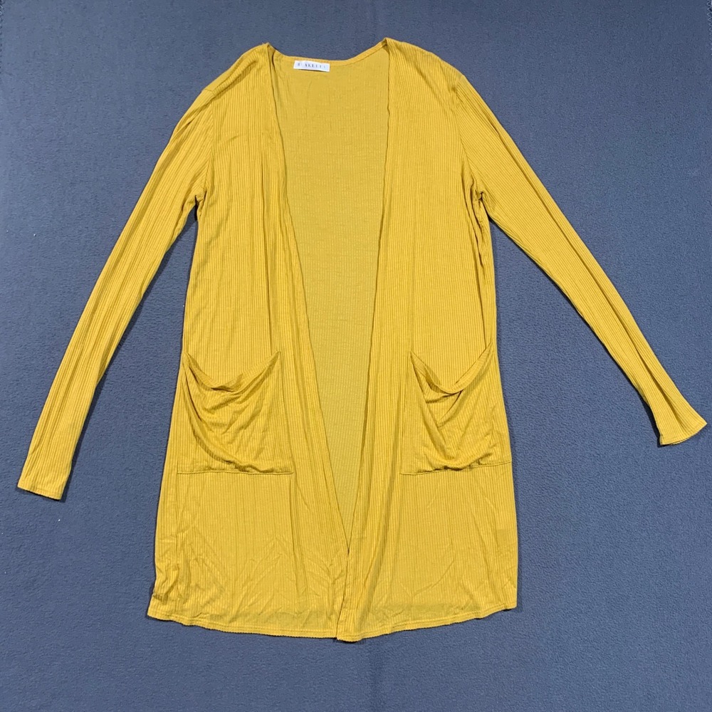 Blakeley Cardigan Women S/M Mustard Yellow Ribbed Open Front Pocket Duster Boho